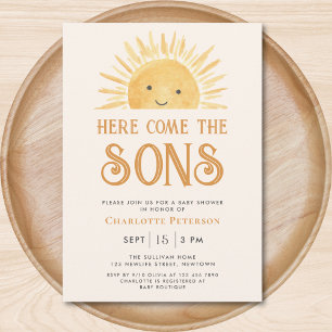 Invitación Aquí viene el Baby Shower de los gemelos hijos Sun