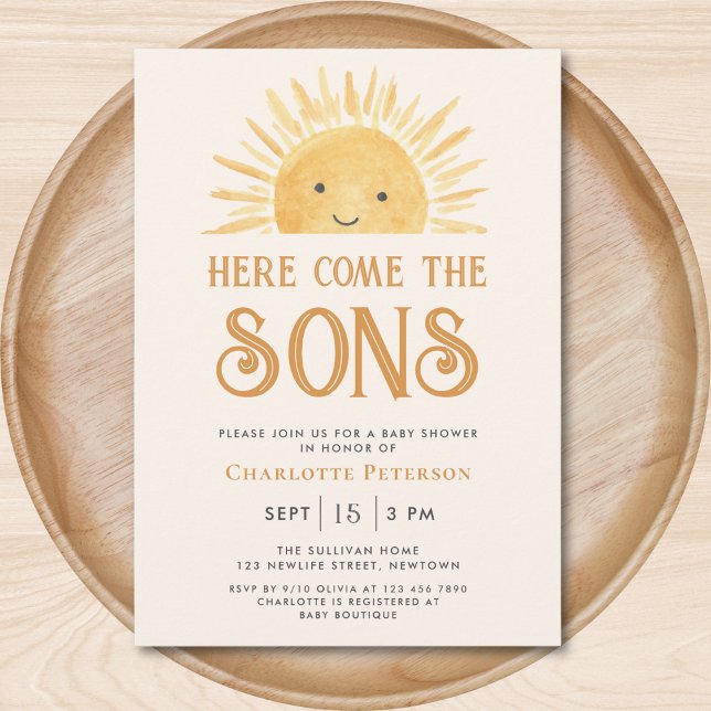 Invitación Aquí viene el Baby Shower de los gemelos hijos Sun (Subido por el creador)