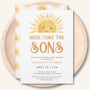 Invitación Aquí viene el Baby Shower de los gemelos Sons Suns