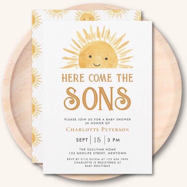 Invitación Aquí viene el Baby Shower de los gemelos Sons Suns (Subido por el creador)