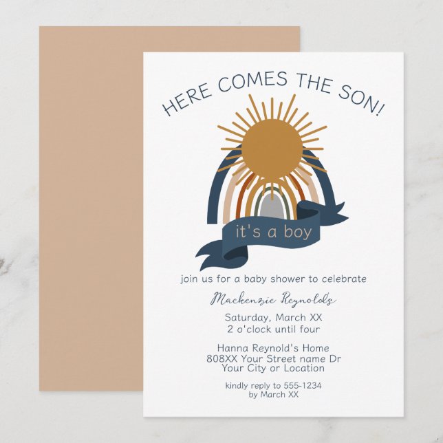 Invitación Aquí viene el Baby Shower de Son Boho Boy (Anverso / Reverso)