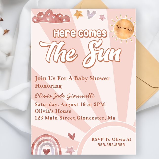Invitación Aquí Viene El Baby Shower Del Arcoiris Rosa Del So (Subido por el creador)