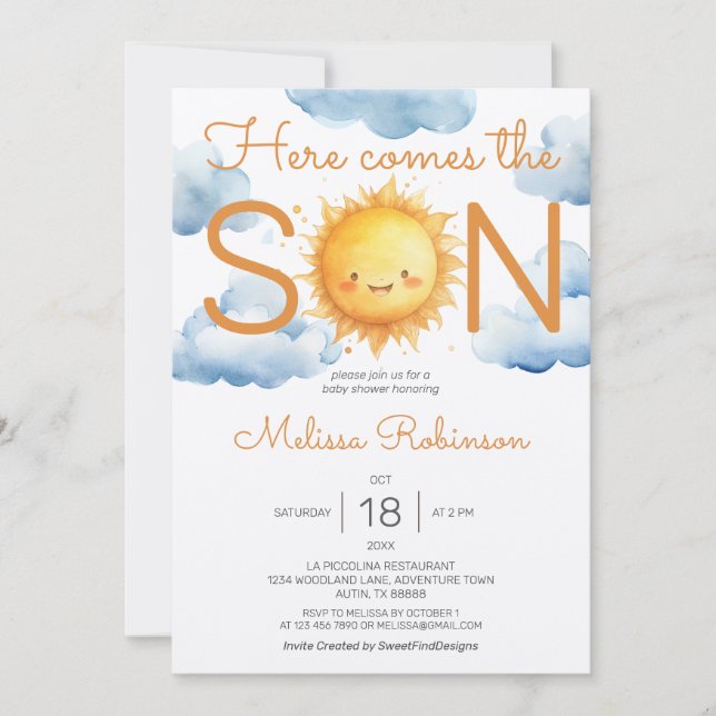 Invitación Aquí viene el Baby Shower del hijo (Anverso)