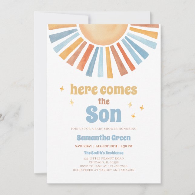 Invitación Aquí viene el Baby Shower del hijo (Anverso)