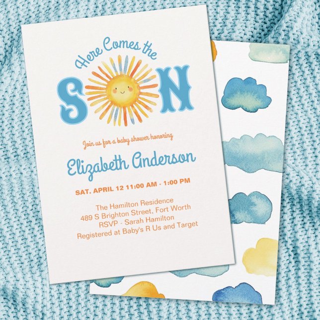 Invitación Aquí viene el Baby Shower del hijo (A cute baby boy shower invitation with the theme,"Here Comes the Son" Adorable!)