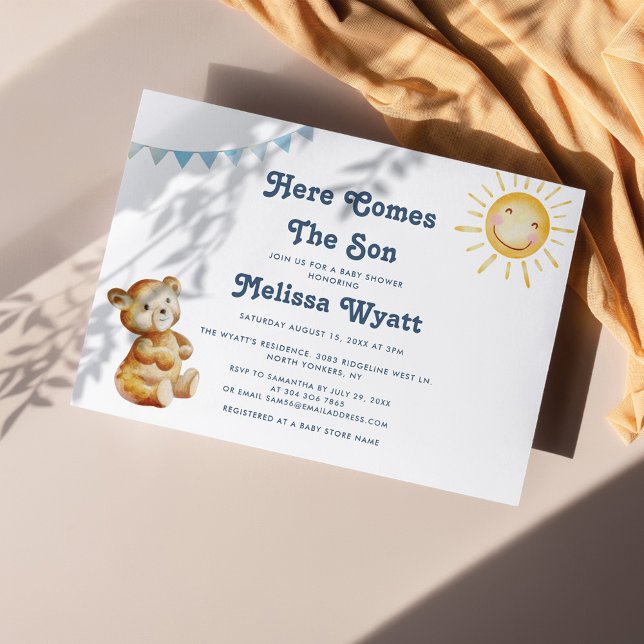 Invitación Aquí Viene El Baby Shower Del Hijo Boho Bear Boy (Boho Bear and Sun Baby Shower Invitation)