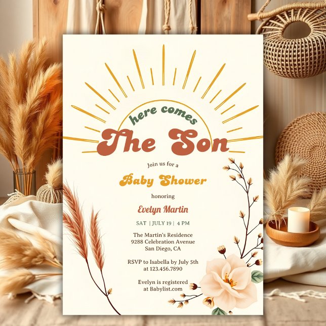 Invitación Aquí Viene El Baby Shower Del Hijo Sunshine Boho B (Here Comes The Son Sunshine Boho Boy Baby Shower Invitation)
