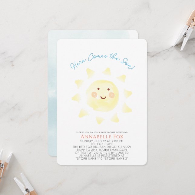 Invitación Aquí viene el Baby Shower del niño acuarela (Anverso/Reverso In Situ)