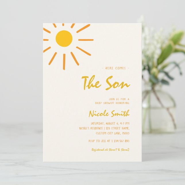 Invitación Aquí viene el Baby Shower del niño que escribe a m (Anverso de pie)