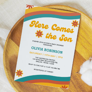 Invitación Aquí viene el Baby Shower del niño retro