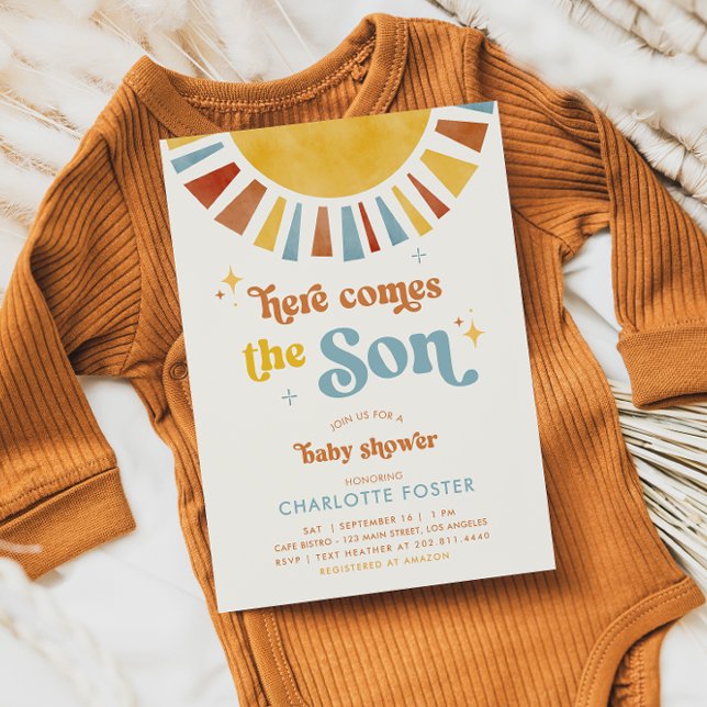 Invitación Aquí viene el Baby Shower del niño retro de Son Bo (Subido por el creador)