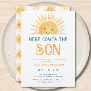Invitación Aquí viene el Baby Shower del sol amarillo del hij