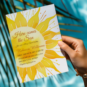 Invitación Aquí viene el Baby Shower del sol amarillo del hij