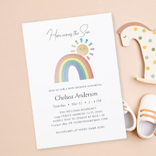 Invitación Aquí viene el Baby Shower del sol arcoiris de Son