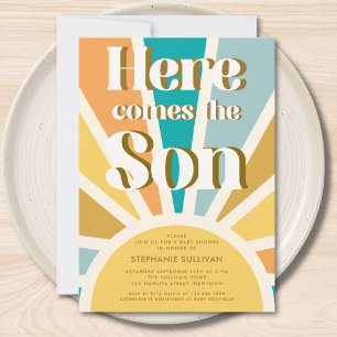 Invitación Aquí viene el Baby Shower del Sol Retro Son