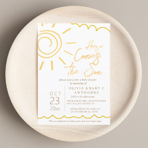 Invitación Aquí viene el Baby Shower escrito por el hijo