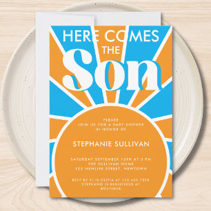 Invitación Aquí viene el Baby Shower retro de los hijos