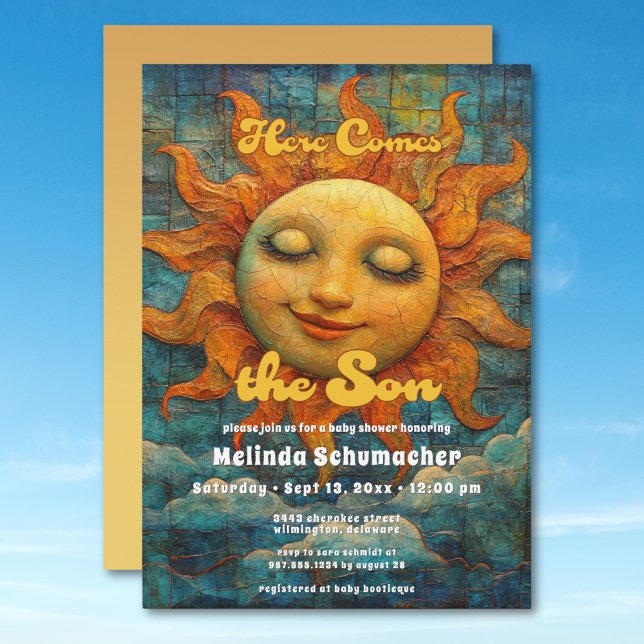 Invitación Aquí viene el Baby Shower retro retro (Here Comes the Son Retro Celestial Baby Shower Invitation)