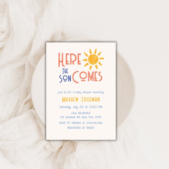 Invitación Aquí Viene El Baby Shower Retro Retro Mínimo De So (Here Comes The Son Minimal Retro Sun Baby Shower Invitation)