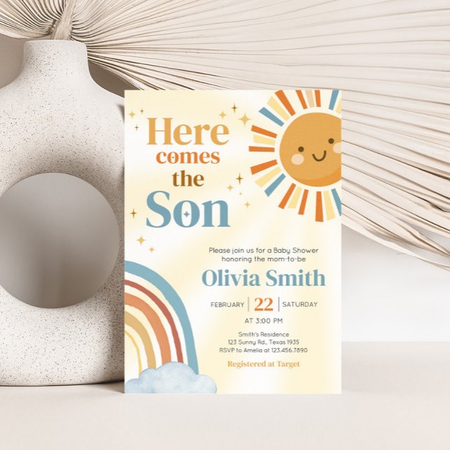 Invitación Aquí viene el Baby Shower Son Retro Sunshine (Here Comes the Son Retro Sunshine Baby Shower Invitation)