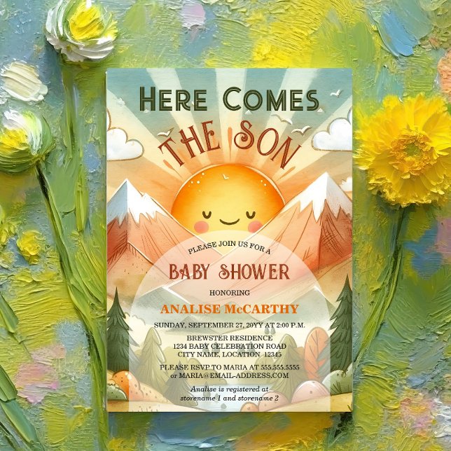 Invitación Aquí viene el Baby Shower Son Sunshine (Celebrate the birth of your son by inviting your baby shower guests with this retro and fun invite.)