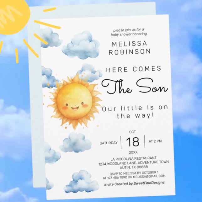 Invitación Aquí viene el hijo acuarela Baby Shower (Here comes the Son Watercolor Baby Boy Shower Invitation)