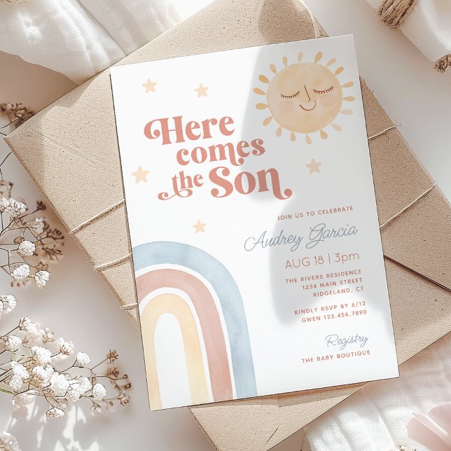 Invitación Aquí viene el hijo Acuarela Boho Baby Shower (Here Comes the Son Watercolor Boho Baby Shower Invitation)