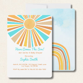 Invitación Aquí viene el hijo, arcoíris retro boho