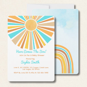 Invitación Aquí viene el hijo, arcoíris retro boho