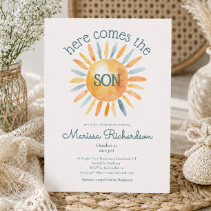 Invitación Aquí viene el hijo, baby shower de niño