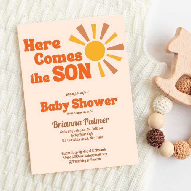 Invitación Aquí viene el hijo bebé ducha groovy retro (Here comes the son groovy retro baby shower invitation editable template instant download)