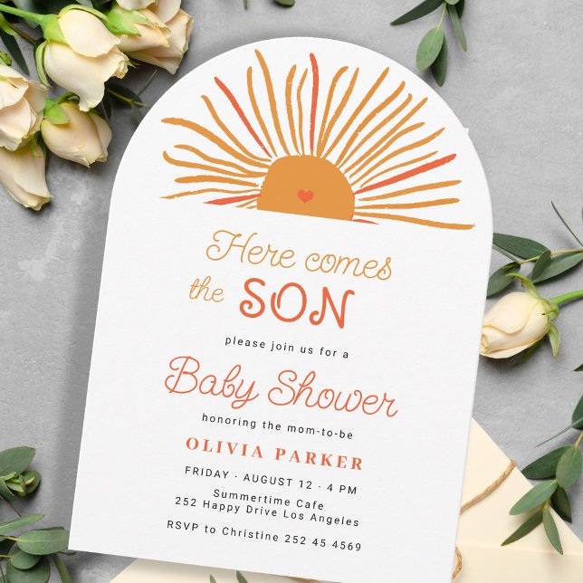 Invitación Aquí viene el hijo boho arch sun boy baby water (Subido por el creador)