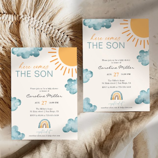 Invitación Aquí Viene El Hijo De Baby Shower Boy Blue (Subido por el creador)