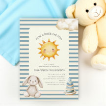 Aquí viene el hijo de rayas de crema azul baby sho