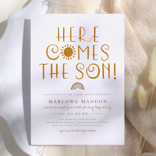 Invitación Aquí viene el hijo   Fiesta de bebé boho arcoíris 