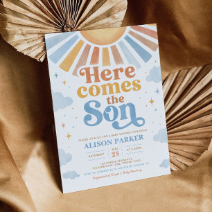 Invitación Aquí viene el hijo: Fiesta Retro de Baby Shower pa
