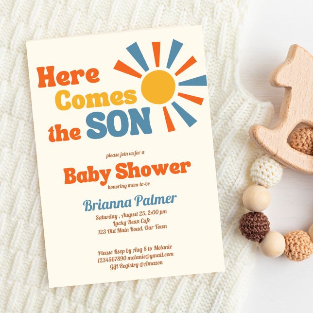 Invitación Aquí viene el hijo groovy retro baby ducha (Here comes the son groovy retro baby shower invitation editable template instant digital download)