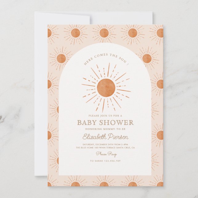 Invitación Aquí viene el hijo Naranja quemado Sun Baby Shower (Anverso)