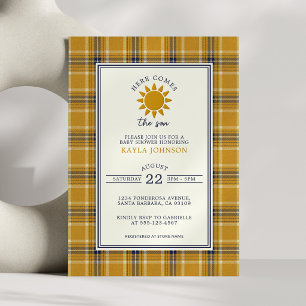Invitación Aquí viene el hijo Preppy Cuadro Amarillo Azul Tar