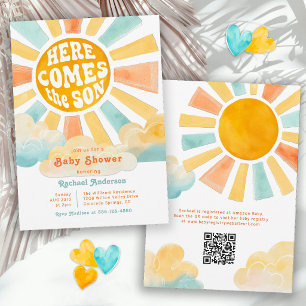 Invitación Aquí viene el hijo Retro Baby Shower Soleado
