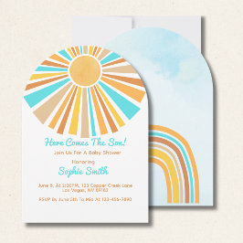 Invitación Aquí viene el hijo, Retro Sol Orange Azul 