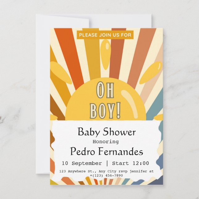 Invitación Aquí viene el hijo retro Sun Boy Baby Shower (Anverso)