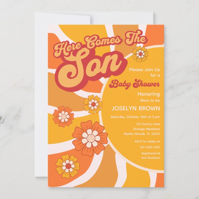 Invitación Aquí Viene El Hijo Retro Sunshine Baby Shower (Anverso)