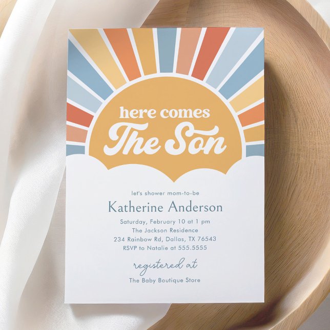 Invitación Aquí viene el hijo retro Sunshine Boy Baby Shower (Subido por el creador)
