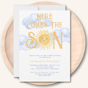 Invitación Aquí viene el hijo Sol Nubes Baby Shower