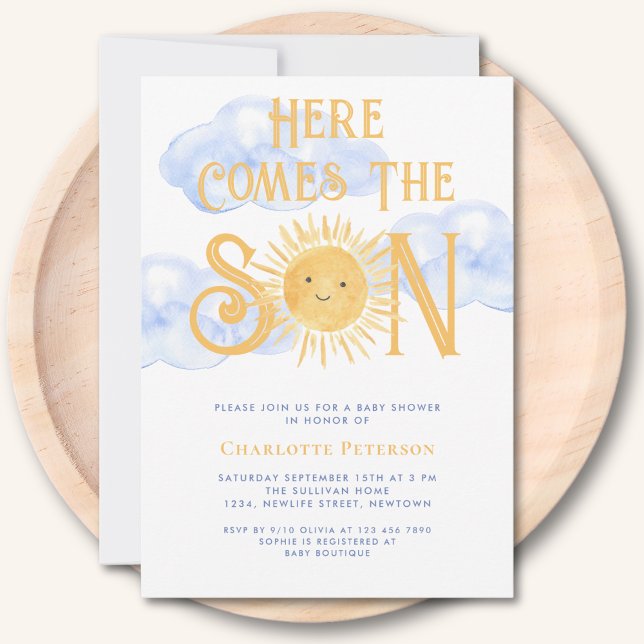 Invitación Aquí viene el hijo Sol Nubes Baby Shower (Subido por el creador)