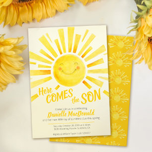 Invitación Aquí viene el hijo solárium amarillo con ducha de 