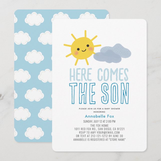 Invitación Aquí viene el hijo sonriente Sun Boy Baby Shower (Anverso / Reverso)