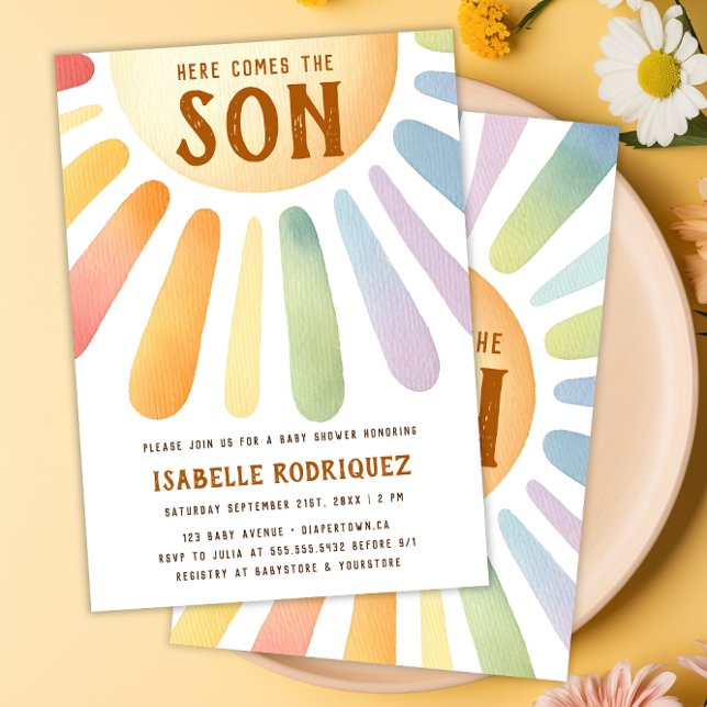 Invitación Aquí viene el hijo Sunshine Boho Boy Baby Shower (Here Comes the Son Sunshine Boho Boy Baby Shower Invitation)