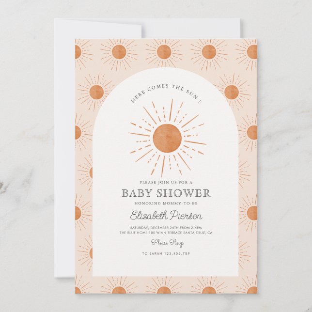 Invitación Aquí viene el Naranja Sun Baby Shower quemado por  (Anverso)
